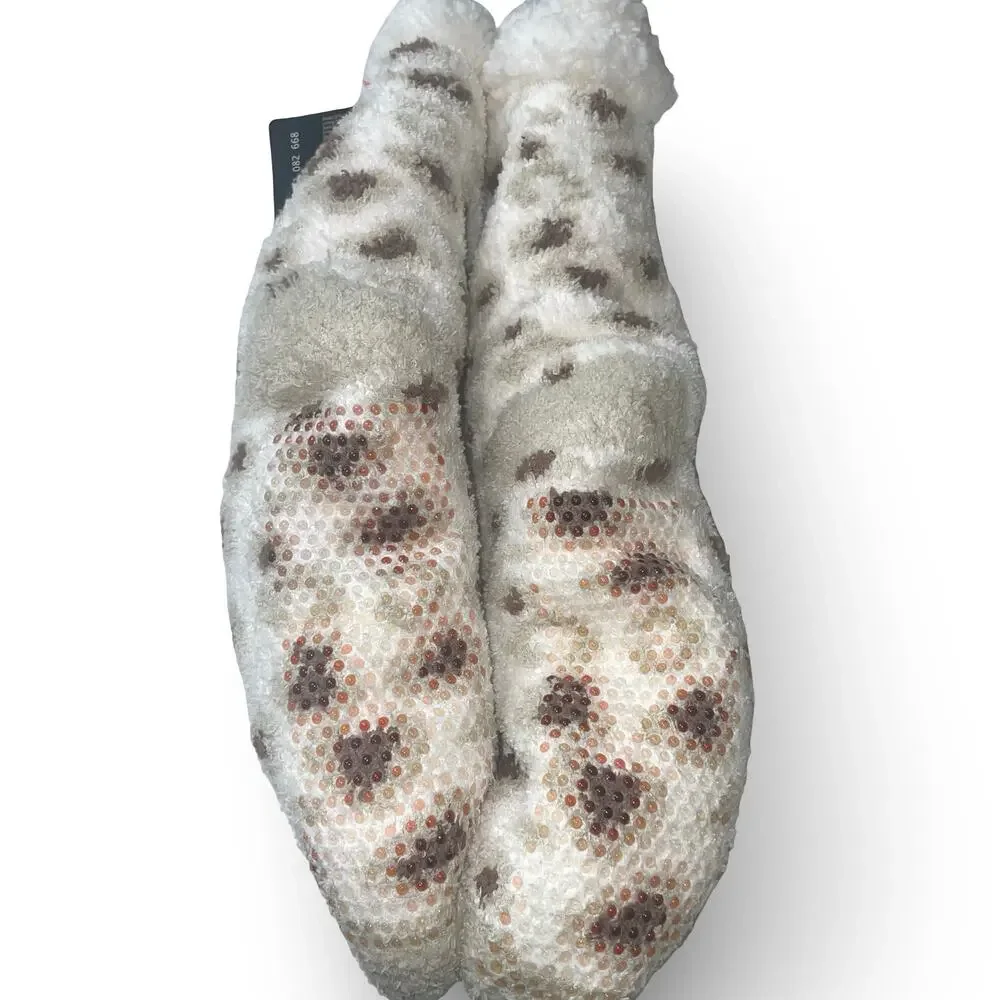 Cuddl Duds Sherpa Lined Lounge Socks Cream Brown Leopard Spot Slipper 4-10